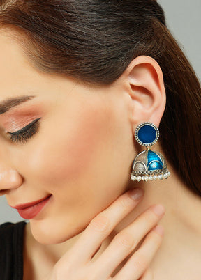 Blue Handcrafted Silver Tone Brass Hand Painted Enamel Jhumki - Indian Silk House Agencies