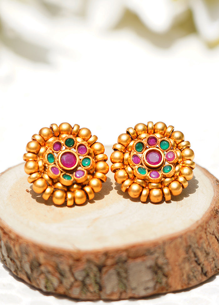 Red Green Handcrafted Matte Gold Tone Stud Earrings - Indian Silk House Agencies