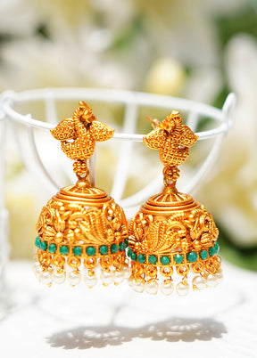 Green Handcrafted Matte Gold Temple Jhumki - Indian Silk House Agencies