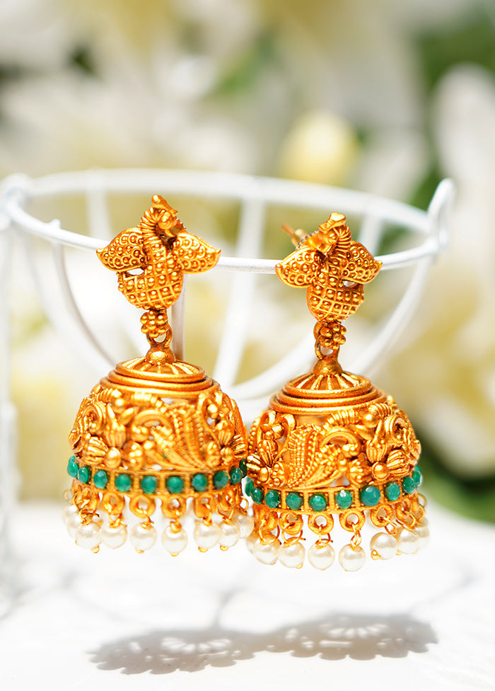 Green Handcrafted Matte Gold Temple Jhumki - Indian Silk House Agencies