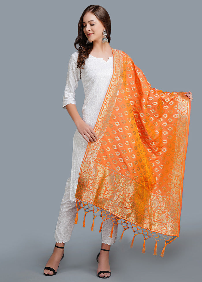 Orange Silk Woven Dupatta - Indian Silk House Agencies