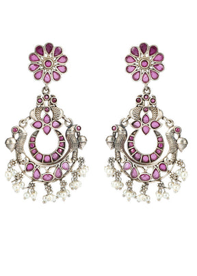 Pink Silver Tone Handcrafted Brass Earrings - Indian Silk House Agencies