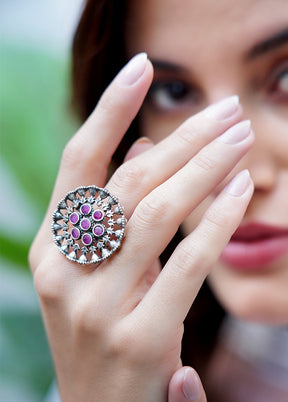 Pink Silver Tone Tribal Brass Adjustable Ring - Indian Silk House Agencies