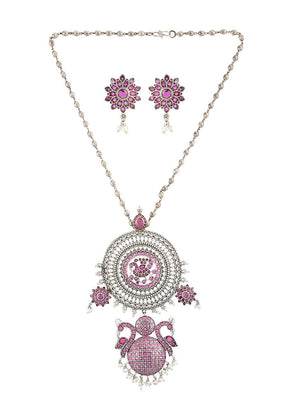 Silver Tone Handcrafted Brass Necklcae With Earrings - Indian Silk House Agencies