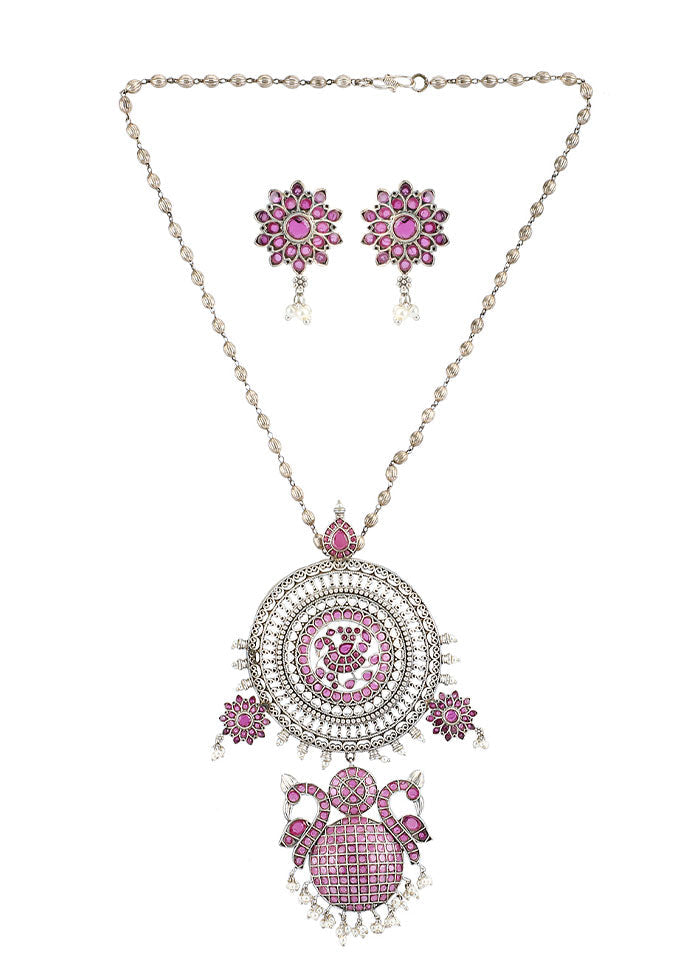 Silver Tone Handcrafted Brass Necklcae With Earrings - Indian Silk House Agencies