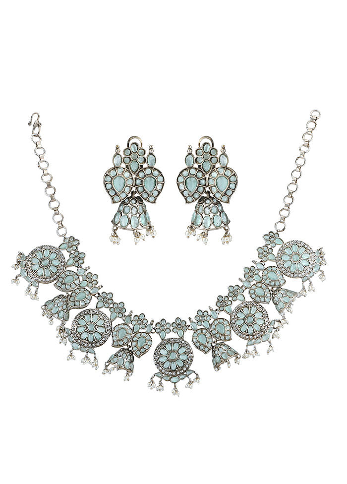 Silver Tone Handcrafted Brass Necklcae With Earrings - Indian Silk House Agencies