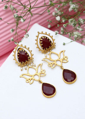 Red Matte Gold Handcrafted Brass Lotus Earrings - Indian Silk House Agencies