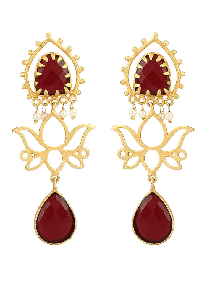 Red Matte Gold Handcrafted Brass Lotus Earrings - Indian Silk House Agencies