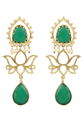 Green Matte Gold Handcrafted Brass Lotus Earrings - Indian Silk House Agencies
