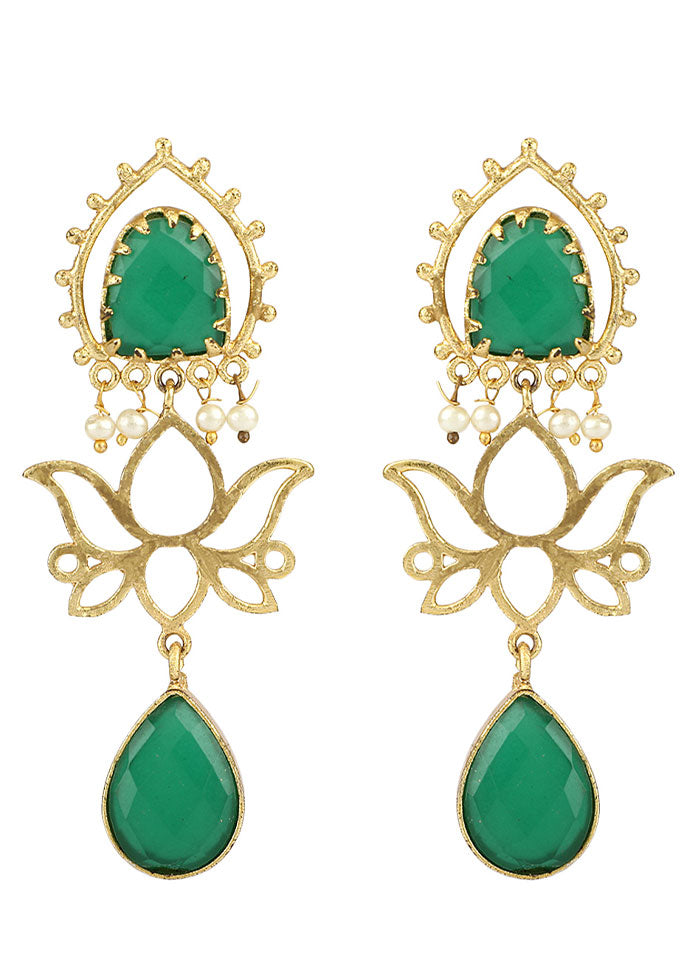 Green Matte Gold Handcrafted Brass Lotus Earrings - Indian Silk House Agencies