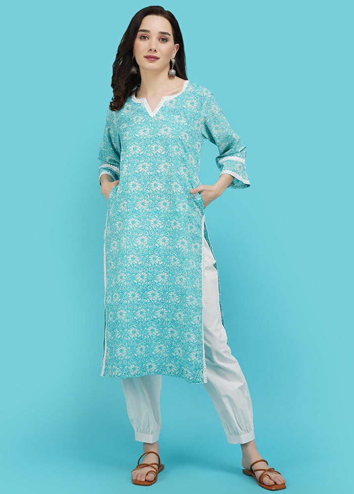 Turquoise Cotton Printed Kurti VDJB311237 - Indian Silk House Agencies