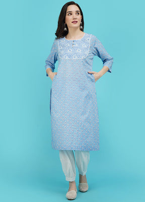 Sky Blue Cotton Printed Kurti VDJB311238 - Indian Silk House Agencies