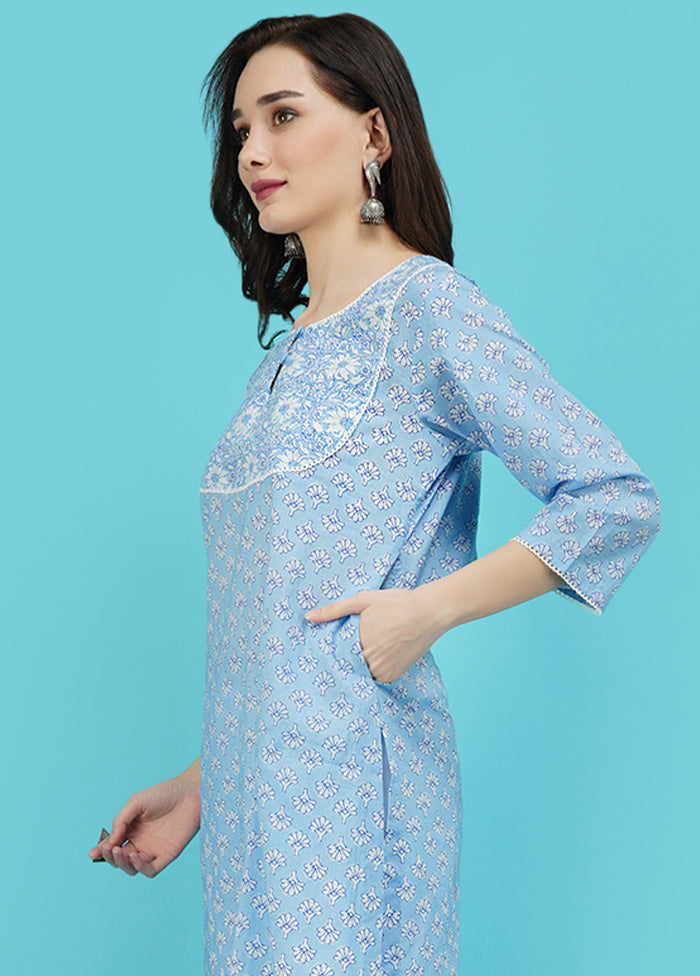 Sky Blue Cotton Printed Kurti VDJB311238 - Indian Silk House Agencies