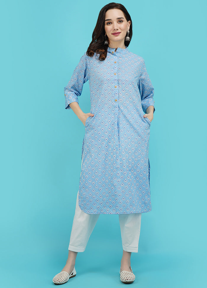 Sky Blue Cotton Printed Kurti VDJB311241 - Indian Silk House Agencies