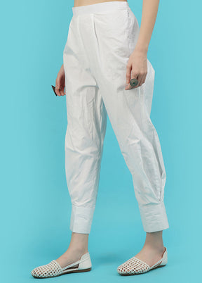 White Cotton Solid Parallel Trouser - Indian Silk House Agencies