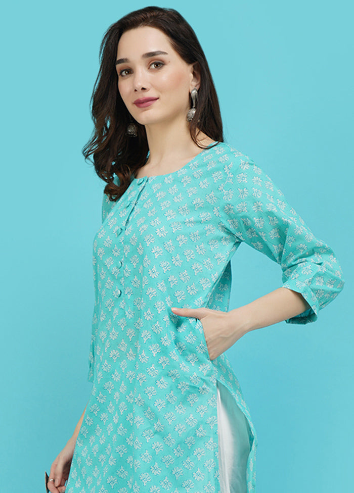 Turquoise Cotton Printed Kurti VDJB311246 - Indian Silk House Agencies