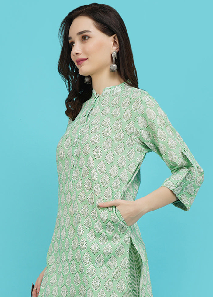 2 Pc Light Green Cotton Printed Kurti Set VDJB311247 - Indian Silk House Agencies