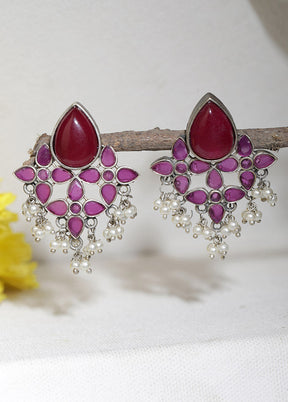 Red Silver Tone Brass Stud Earrings - Indian Silk House Agencies