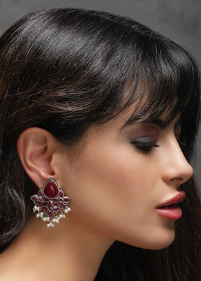 Red Silver Tone Brass Stud Earrings - Indian Silk House Agencies