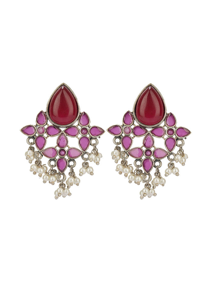 Red Silver Tone Brass Stud Earrings - Indian Silk House Agencies