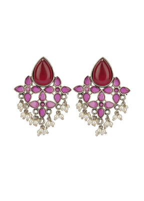 Red Silver Tone Brass Stud Earrings - Indian Silk House Agencies