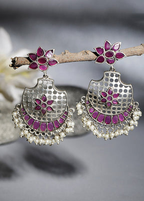 Red Silver Tone Brass Earrings - Indian Silk House Agencies