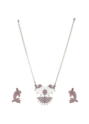Red Silver Tone Handcrafted Brass Necklace With Earrings Set Of 2 - Indian Silk House Agencies
