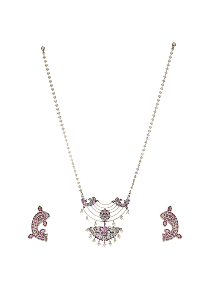 Red Silver Tone Handcrafted Brass Necklace With Earrings Set Of 2 - Indian Silk House Agencies