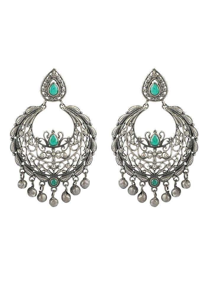 Green Silver Tone Handcrafted Brass Earrings - Indian Silk House Agencies