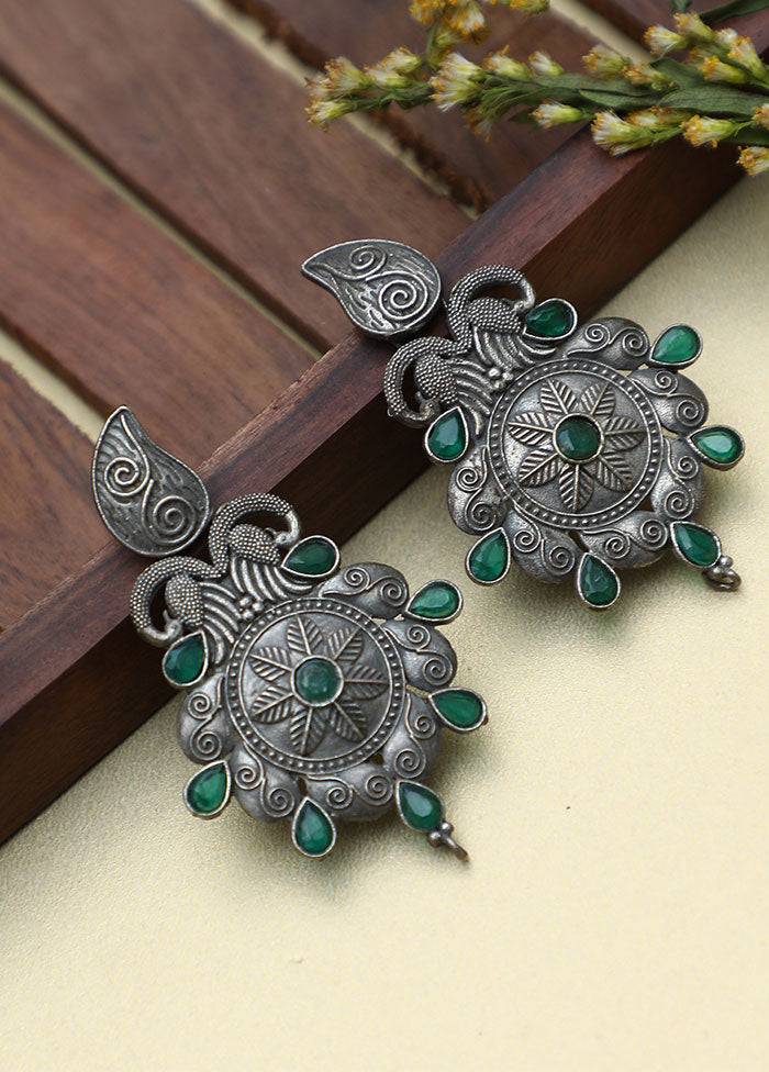 Green Silver Tone Handcrafted Brass Earrings - Indian Silk House Agencies