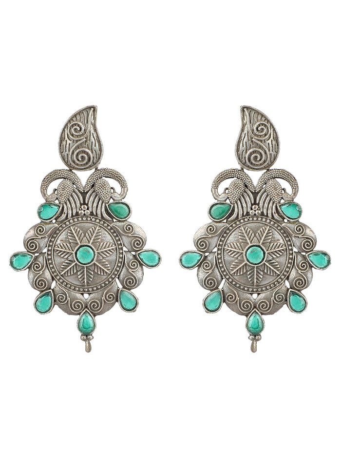 Green Silver Tone Handcrafted Brass Earrings - Indian Silk House Agencies