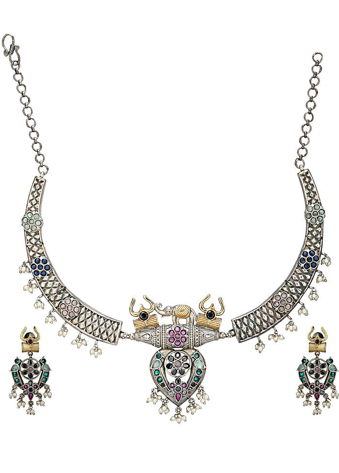 Multicolor Kundan Work Brass Necklace Set - Indian Silk House Agencies