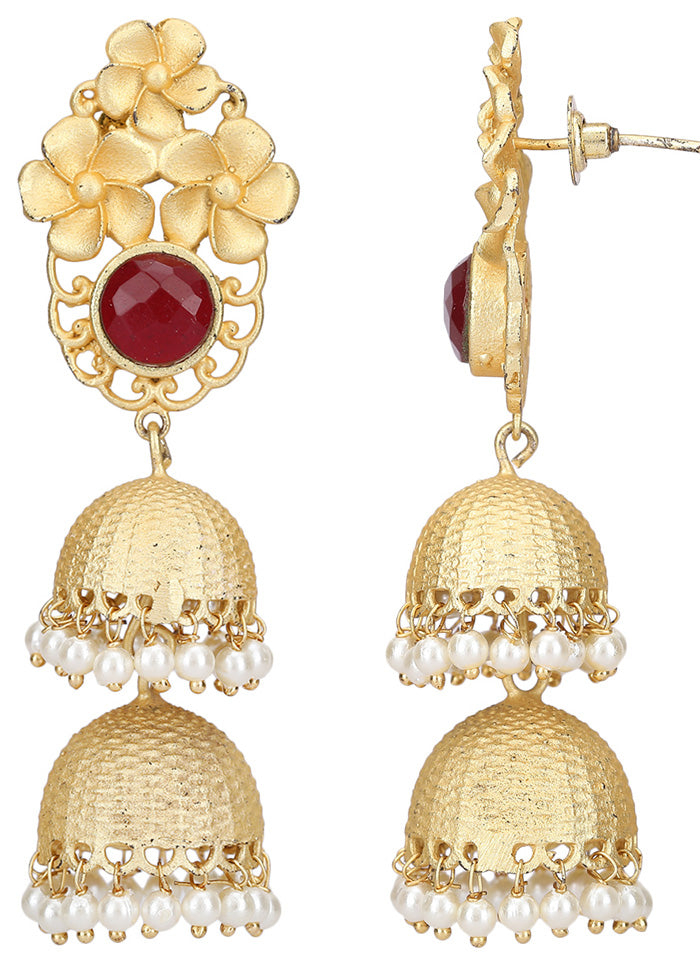 Red Stone Matte Gold Jhumka - Indian Silk House Agencies