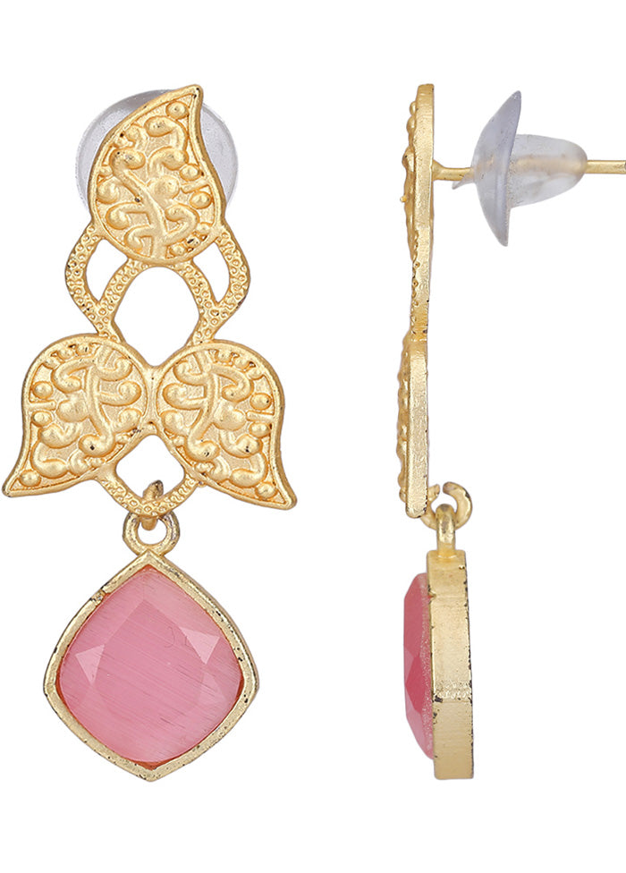 Pink Stone Matte Gold Earrings - Indian Silk House Agencies