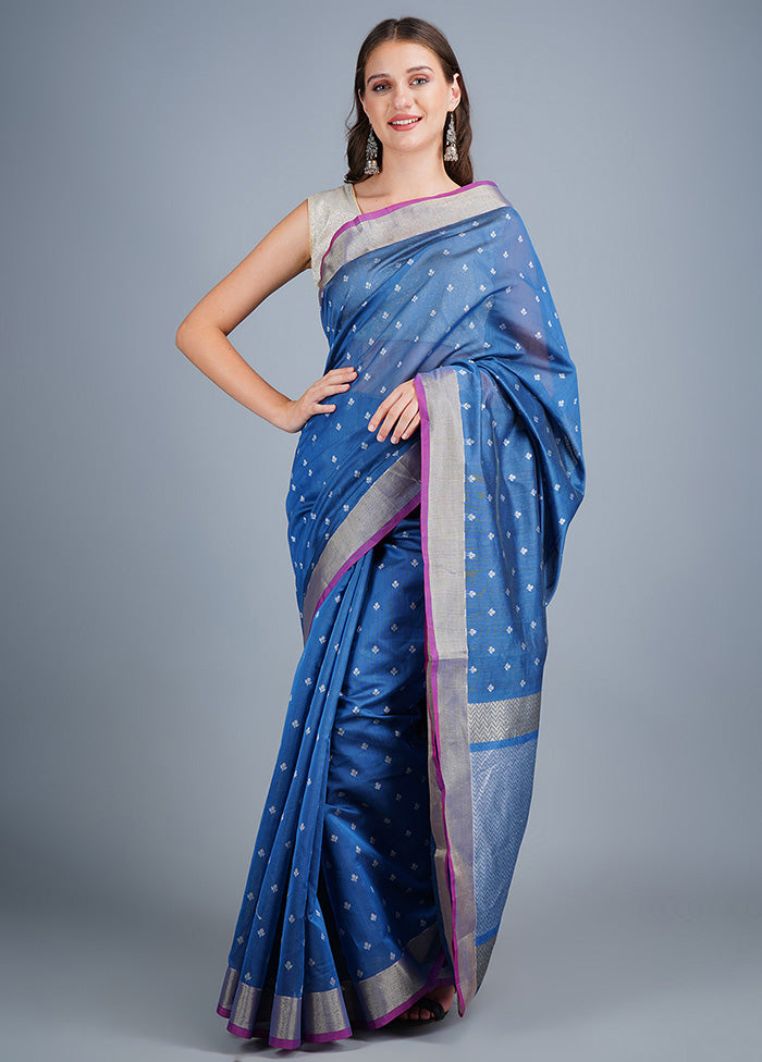 Blue Dupion Silk Saree With Blouse Piece - Indian Silk House Agencies