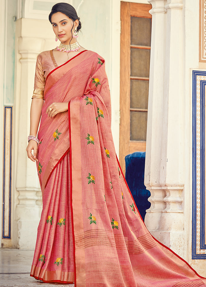 Peach Linen Silk Saree With Blouse Piece - Indian Silk House Agencies