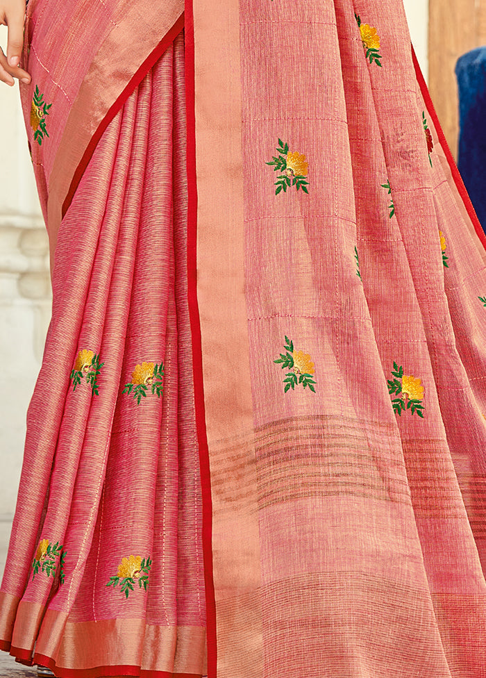 Peach Linen Silk Saree With Blouse Piece - Indian Silk House Agencies