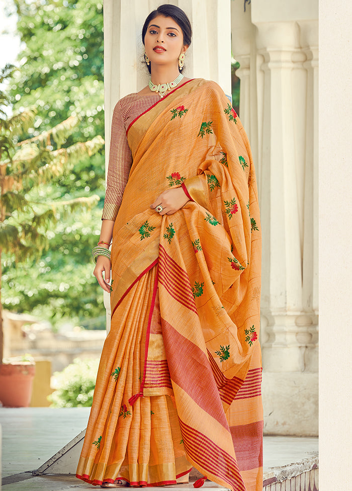 Yellow Linen Silk Saree With Blouse Piece - Indian Silk House Agencies