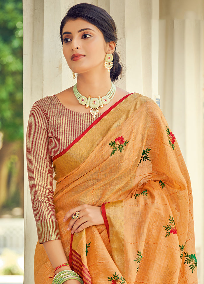 Yellow Linen Silk Saree With Blouse Piece - Indian Silk House Agencies