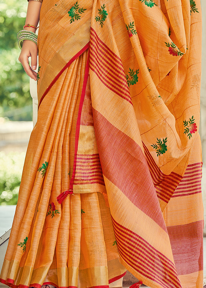 Yellow Linen Silk Saree With Blouse Piece - Indian Silk House Agencies