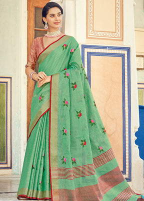 Green Linen Silk Saree With Blouse Piece - Indian Silk House Agencies