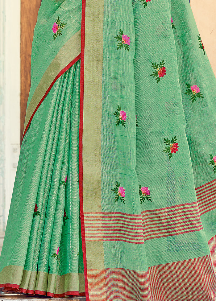 Green Linen Silk Saree With Blouse Piece - Indian Silk House Agencies