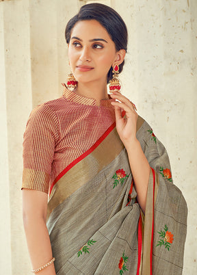 Grey Linen Silk Saree With Blouse Piece - Indian Silk House Agencies