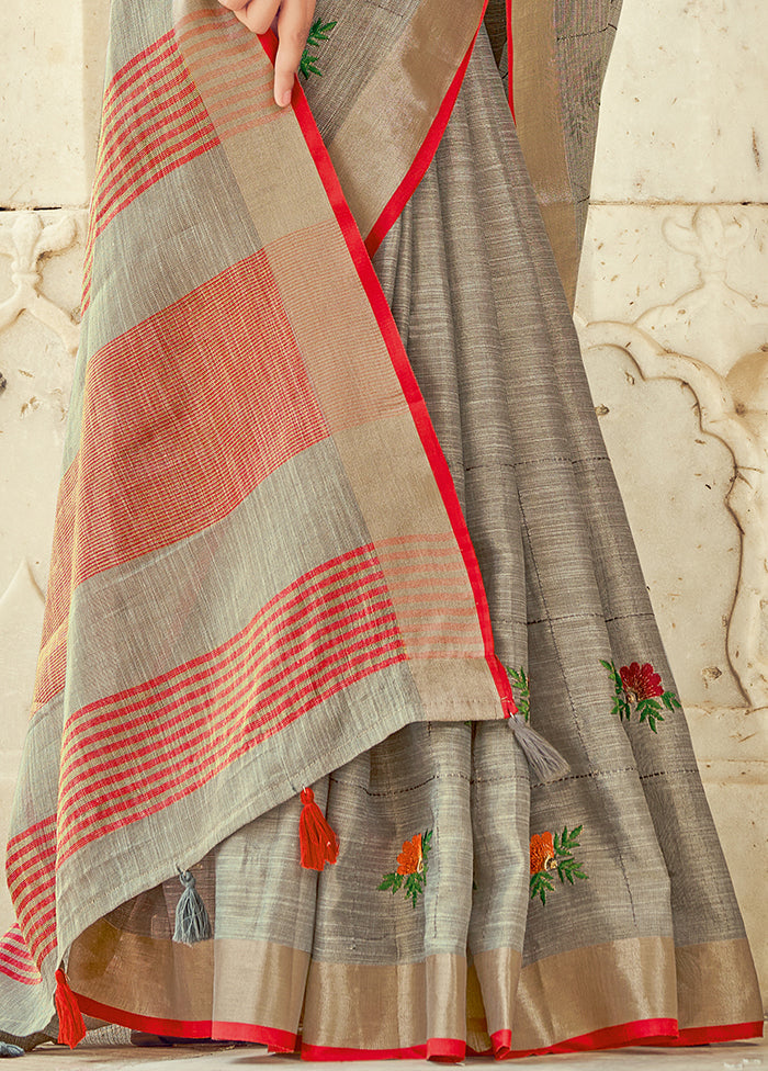 Grey Linen Silk Saree With Blouse Piece - Indian Silk House Agencies