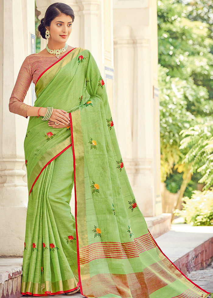 Light Green Linen Silk Saree With Blouse Piece - Indian Silk House Agencies