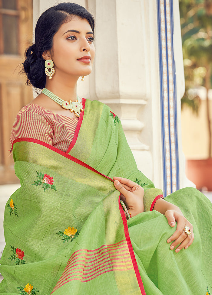 Light Green Linen Silk Saree With Blouse Piece - Indian Silk House Agencies