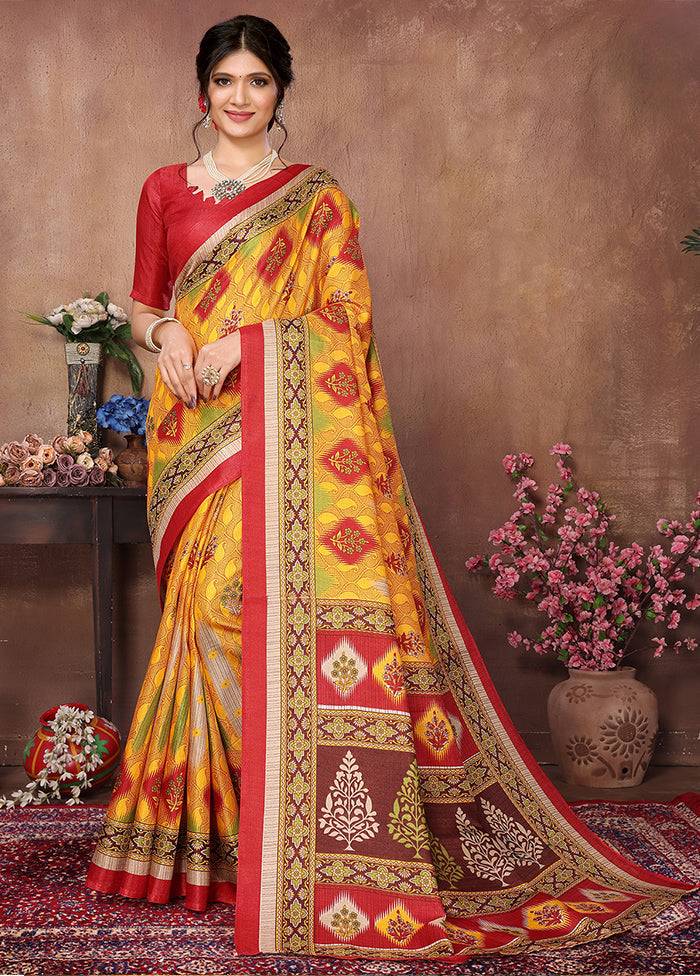 Yellow Dupion Silk Saree With Blouse Piece