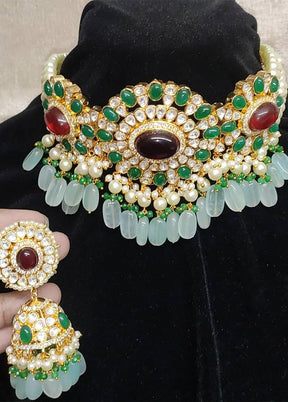 Gold Plating Ethnic Chokher Necklace Earrings With Push - Indian Silk House Agencies