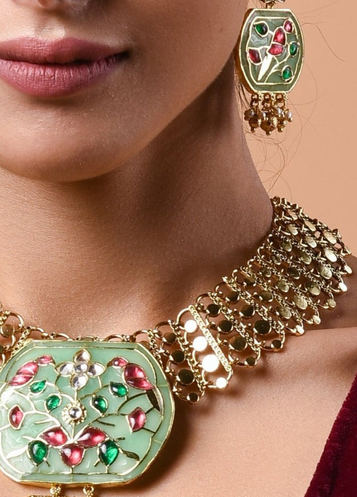 Hand Made Necklace In Semi Precious Meena With Earrings - Indian Silk House Agencies