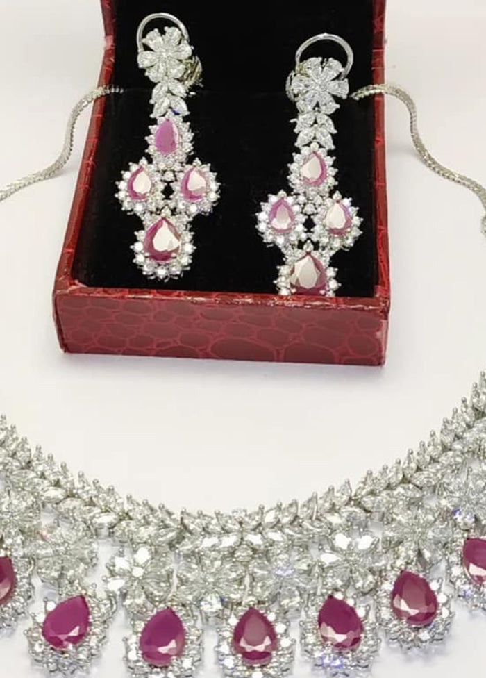 Silver Plating Korean Cz Semi Precious Ruby Stones Necklace With Earrings Set - Indian Silk House Agencies